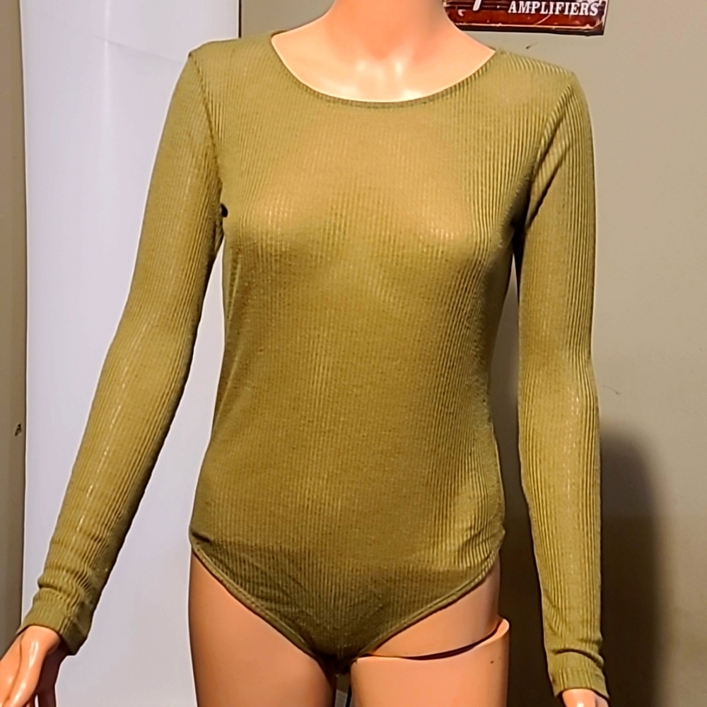 Forever 21 Ribbed Olive Green Long Sleeve Body Suit